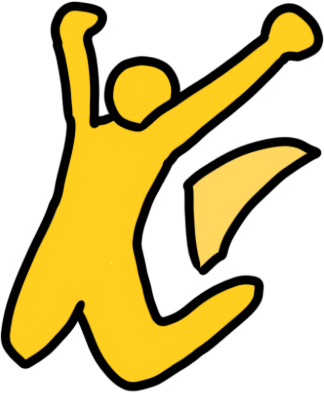 A bright yellow figure jumping with their arms up in the air. There is a bright yellow, broad, emphasis line next to them.